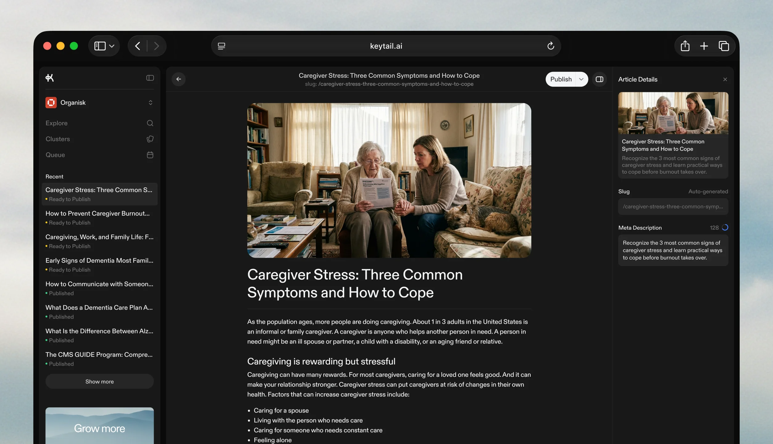 Keytail article editor showing a fully structured article with thumbnail, heading hierarchy, FAQ section, and Article Details sidebar with metadata